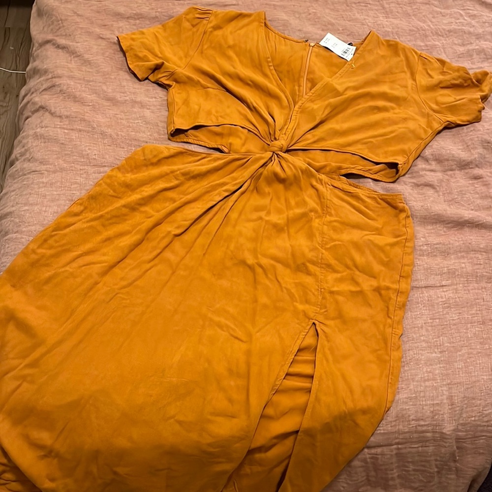 NWT Abercrombie and Fitch Mustard Yellow Linen Midi Cutout Dress - XL
